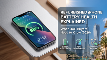 Refurbished iPhone battery health explained showing battery capacity percentages and buying guide for UAE customers