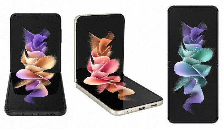 Three Samsung Z Flip 3 5g smartphone models with colorful abstract designs on their screens against a white background.