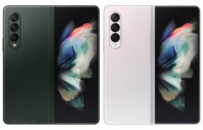 Samsung Galaxy Z Fold 3 Smartphone phantom green and silver colors showing front and back views on a white background