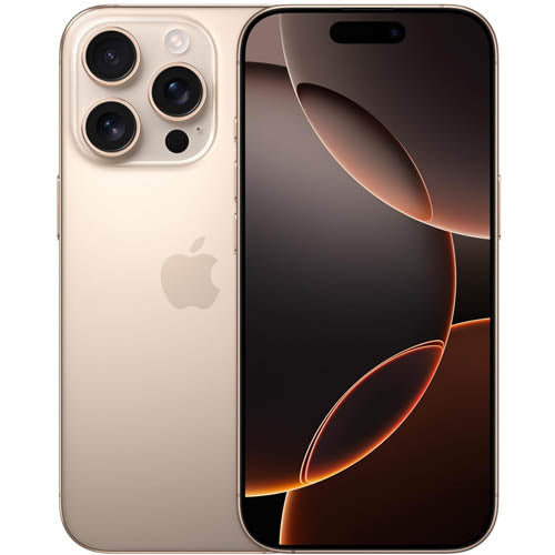 Apple iPhone 16 pro max desert titanium color smartphone showing front and back on a white background