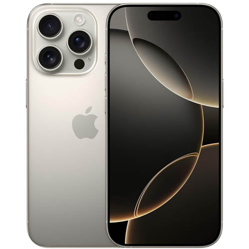 Apple iPhone 16 pro max natural titanium color smartphone showing front and back on a white background