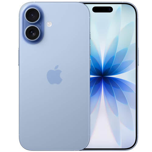 Apple iPhone 17 mist blue color smartphone showing front and back on a white background