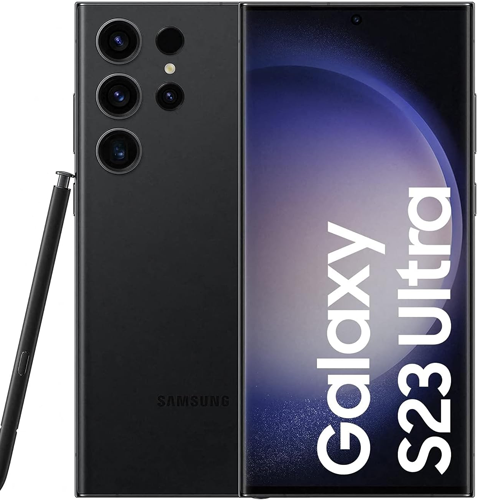 Samsung Galaxy S23 Ultra smartphone showing front and back on a white background