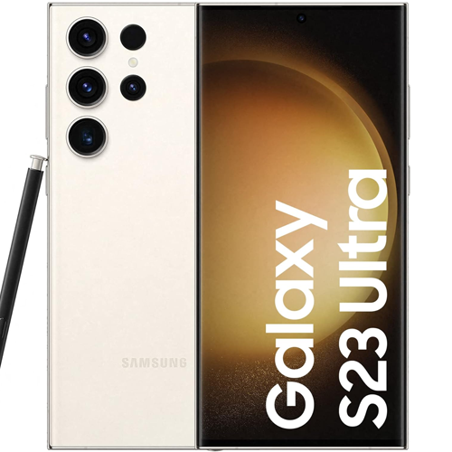 Samsung Galaxy S23 Ultra smartphone sh.owing front and back design with s-pen