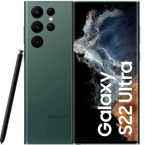 Samsung Galaxy S22 Ultra green color with S Pen smartphone with stylus on a white background