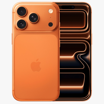 Apple iPhone 17 in cosmic orange color showing front and back on a white background