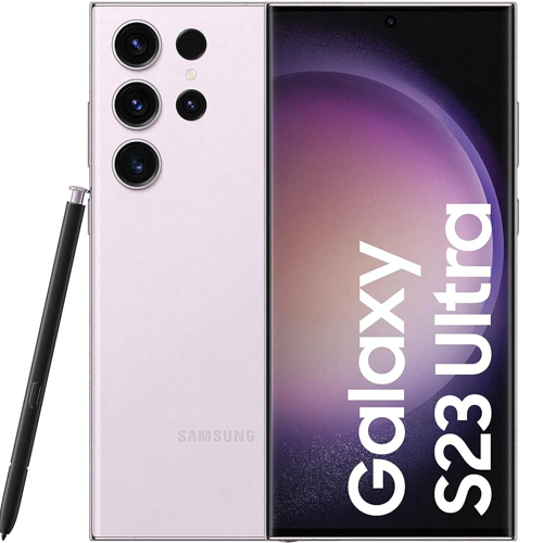 Samsung Galaxy S23 Ultra phone with stylus on a white background