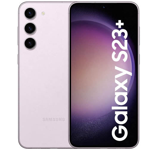Samsung Galaxy S23+ phone showing front and back on a white background