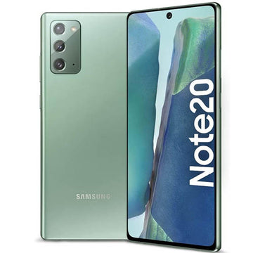 Samsung Note 20 smartphone mystic green color showing front and back on a white background