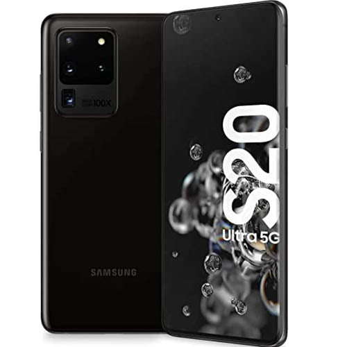 Samsung smartphone showing its front and back on a white background