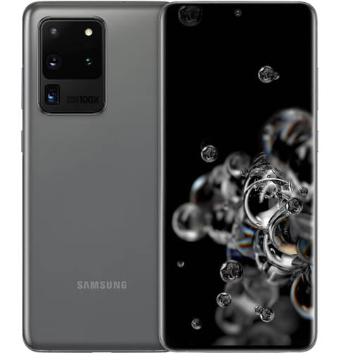 Samsung smartphone showing front and back with water droplet design on black background