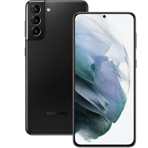 Black Samsung s21 smartphone showing front and back on a white background