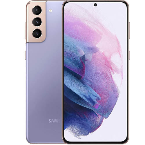 Samsung s21 smartphone showing front and back on a white background