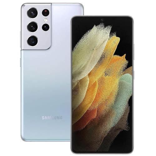 Samsung s21 ultra smartphone with floral design on screen and 'Samsung' branding