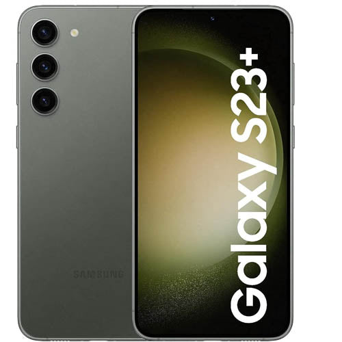 Samsung Galaxy S23+ green smartphone showing front and back on a white background