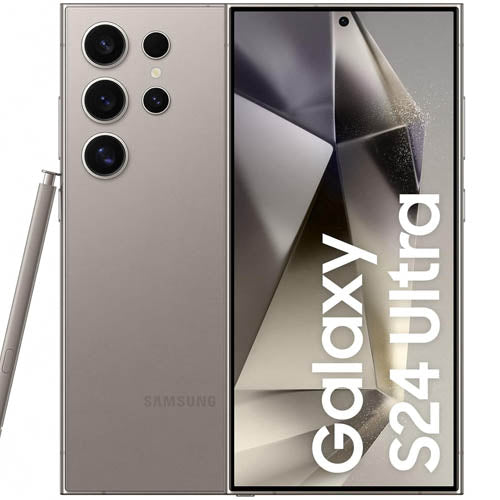 Samsung Galaxy S24 Ultra smartphone with pen on a white background