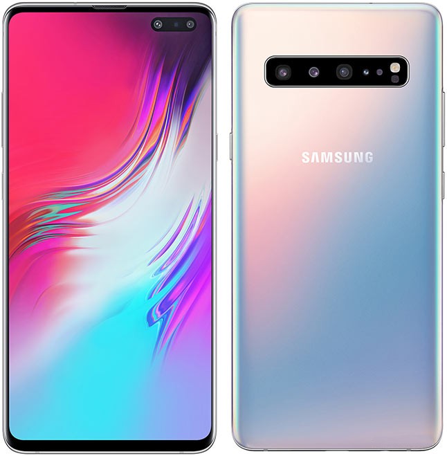 Samsung galaxy s10 5g silver crown color smartphone showing front and back views