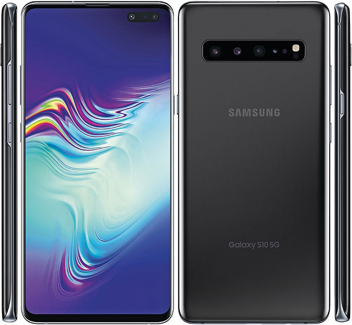 Samsung galaxy s10 5g majestic black color smartphone showing front, back and side views