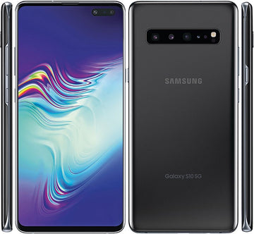 Samsung galaxy s10 5g majestic black color smartphone showing front, back and side views