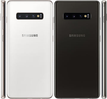 Two Samsung galaxy s10+ smartphones, one white and one black, showing the back design.