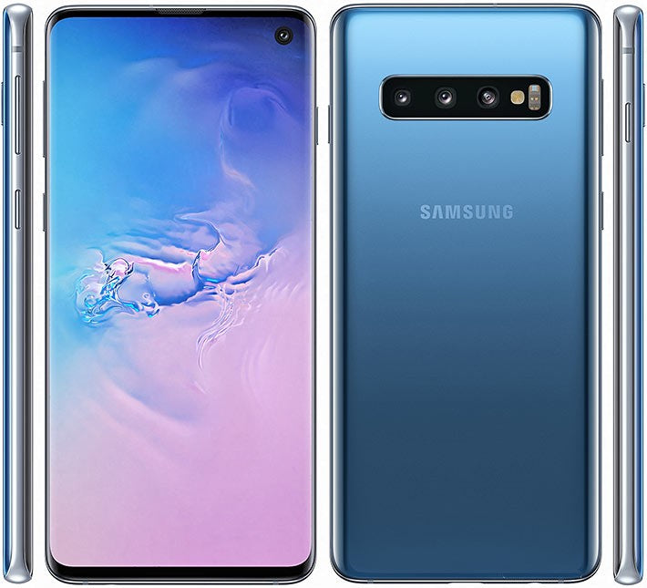 Samsung galaxy s10 smartphone prism blue color showing front, back and side views on a white background