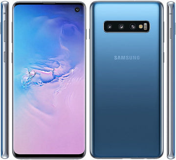 Samsung galaxy s10 smartphone prism blue color showing front, back and side views on a white background