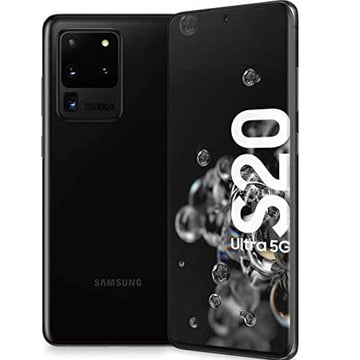 Samsung galaxy s20 ultra 5g smartphone cosmic black color showing its front and back on a white background