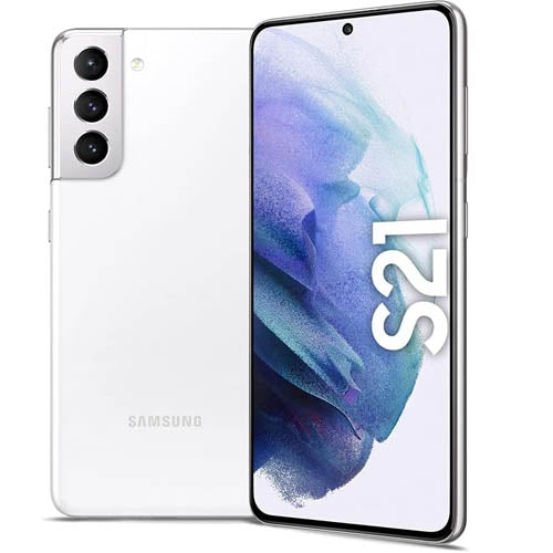 Samsung galaxy s21 smartphone phantom white color showing front and back on a white background
