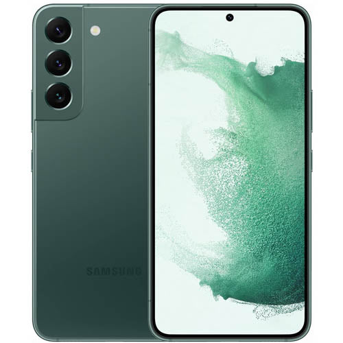 Samsung galaxy s22 5G smartphone  green color showing front and back on a white background