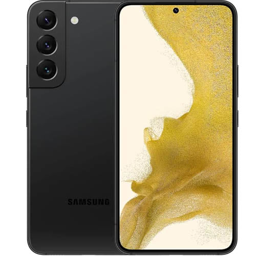 Samsung galaxy s22 5G smartphone  phantom black color showing front and back on a white background