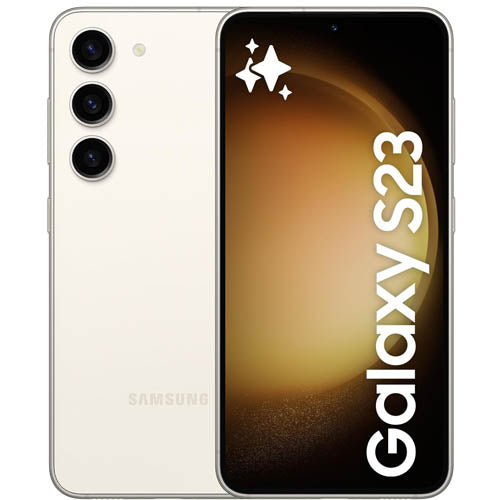 Samsung galaxy s23 smartphone cream color showing front and back on a white background