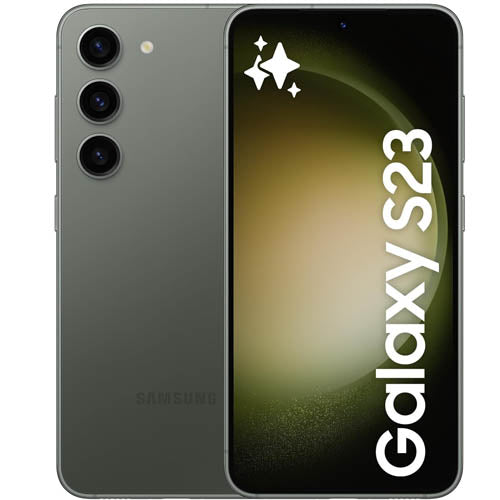 Samsung galaxy s23 smartphone green color showing front and back on a white background