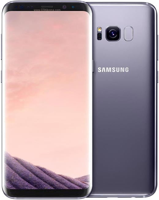 Samsung Galaxy S8+ smartphone orchid gray color showing front and back views with a gradient screen.