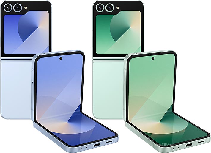 Samsung Glaxy Z Flip 6 smartphone blue and mint color showing front and back views on a white background