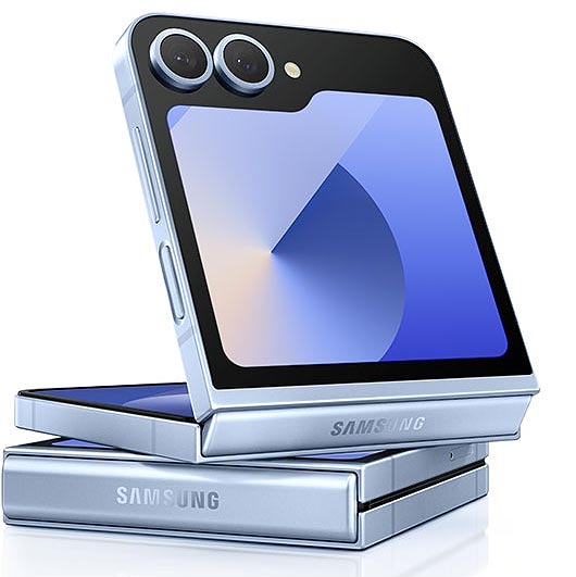 Samsung Galaxy Z Flip 6 smartphone blue color showing on a white background
