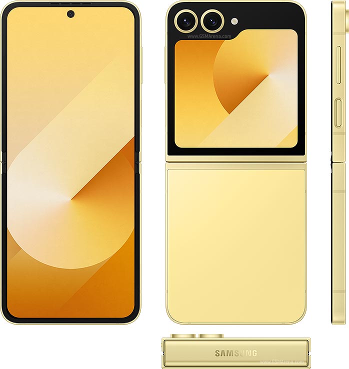 Samsung Galaxy Z Flip 6 smartphone yellow color showing front, back and side views on a white background