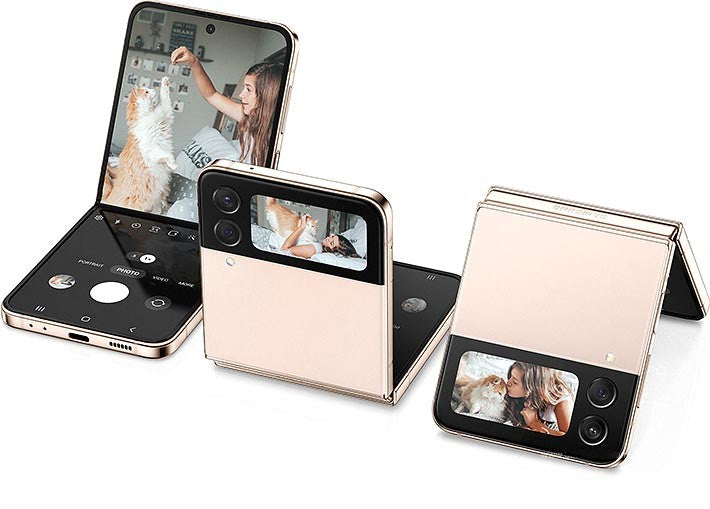 Samsung Galaxy Z Flip 4 Smartphone pink gold color  showing front and back camera views on a white background