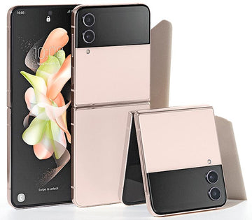 Samsung Galaxy Z Flip 4 Smartphone pink gold color  showing front and back views on a white background