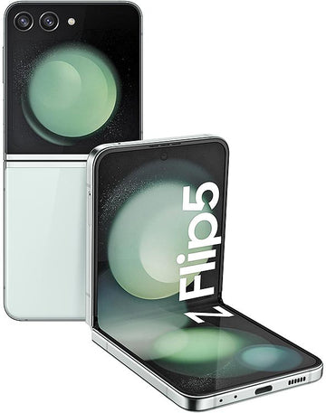 Samsung Galaxy Z Flip 5 smartphone mint color showing front and back views on a white background