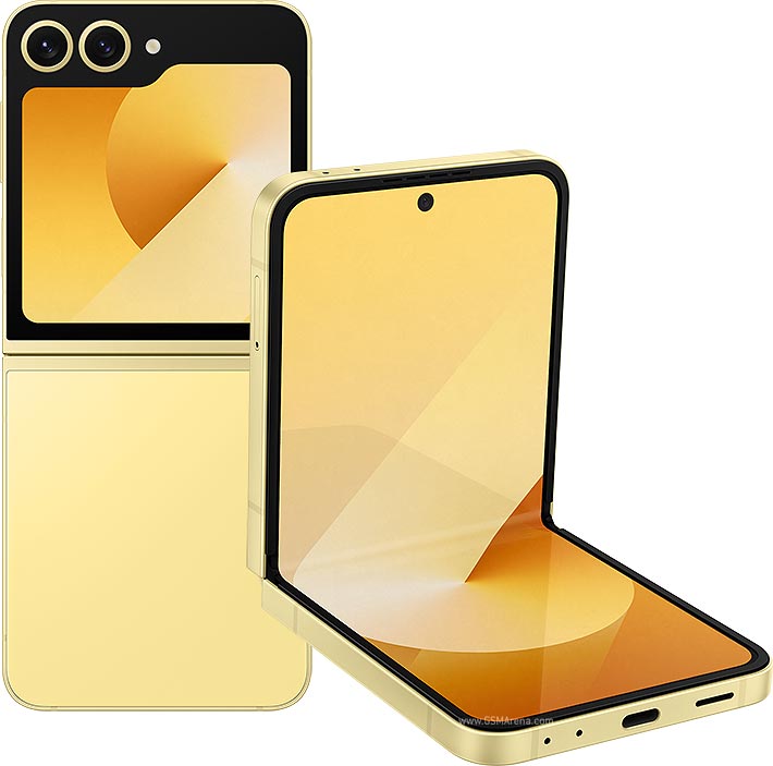 Samsung Galaxy Z Flip 6 smartphone yellow color showing front and back views on a white background