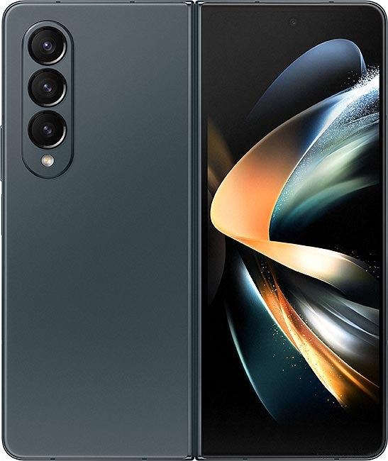 Samsung Galaxy Z Fold 4 Smartphone phantom black color showing front and back views on a black background