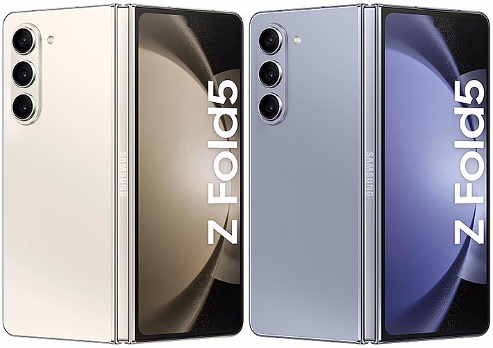 Two Samsung Z Fold 5 smartphones cream and blue colors showing front and back views on a white background.