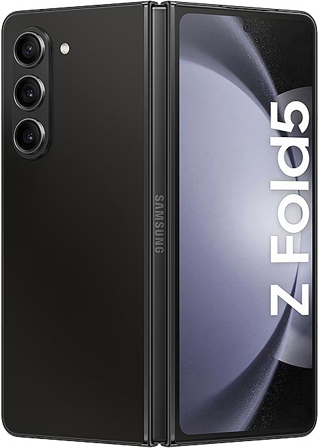Samsung Z Fold 5 phone black color showing front and back views with 'Z Fold5' branding.