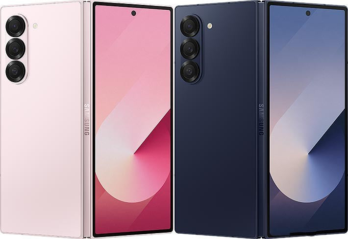 Samsung Galaxy Z Fold 6 Smartphone pink and navy colors  showing front and back views on a black background