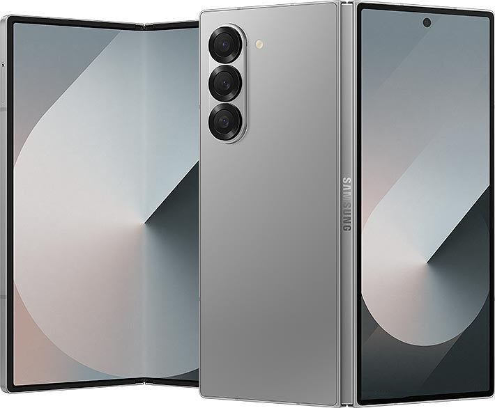 Samsung Galaxy Z Fold 6 Smartphone silver shadow color  showing front and back views on a black background
