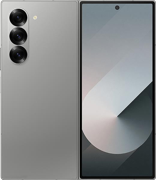 Samsung Galaxy Z Fold 6 Smartphone silver shadow color  showing front and back views on a black background